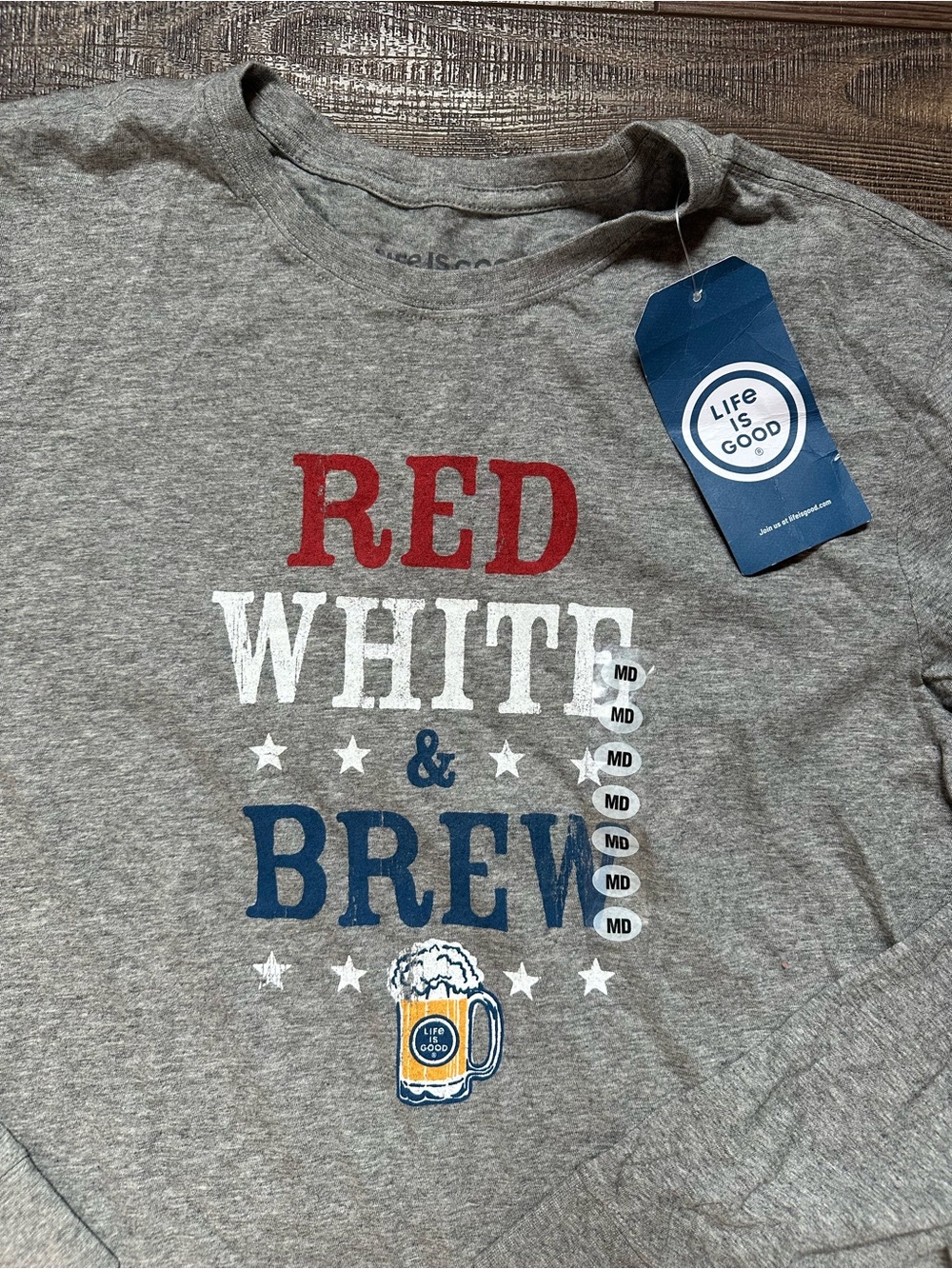 Life Is Good Gray Long Sleeve Tee with Red White & Blue Brew Graphic